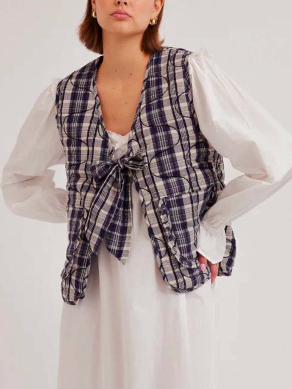 Damson Madder Arte Toggle Gilet Cotton Ruffle Plaid Vest - UK 10 / US 6